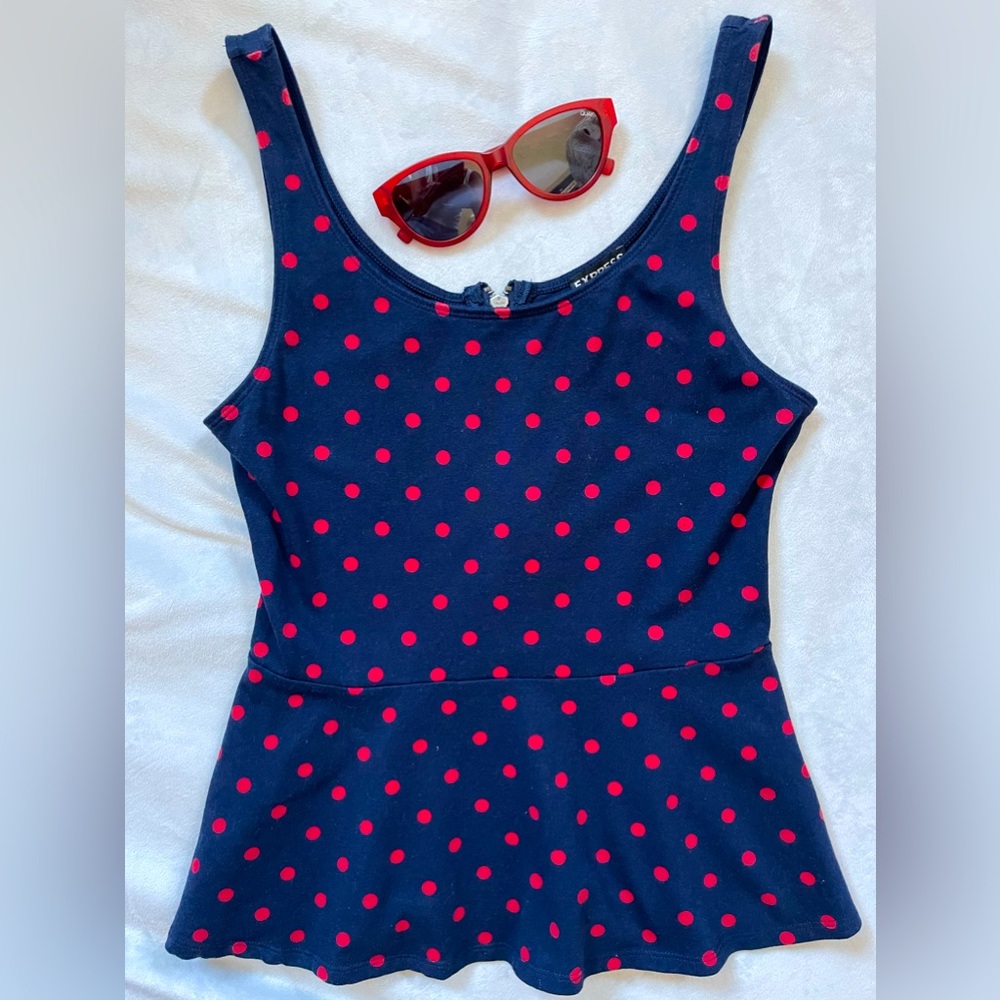 Express Navy & Red Polkadot Peplum Tank | Exposed Back Zipper | Soft Cotton